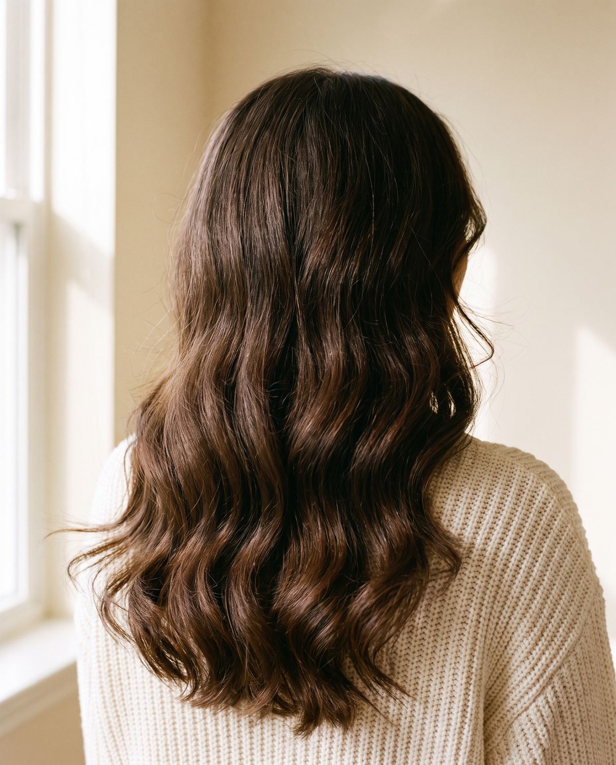 Long, glossy brown hair seen from behind in soft Nordic daylight