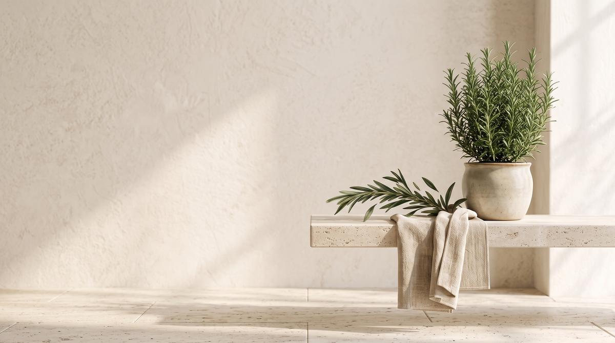 Travertine bathroom shelf with rosemary