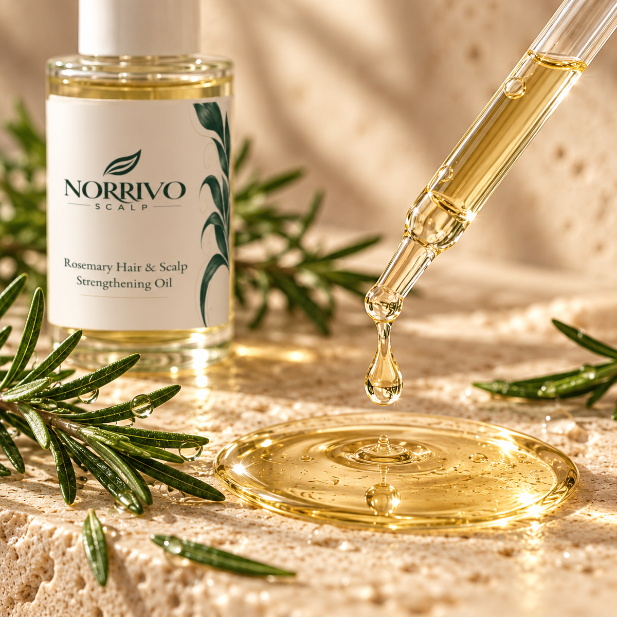 Golden drop of Norrivo rosemary scalp oil falling from a glass dropper