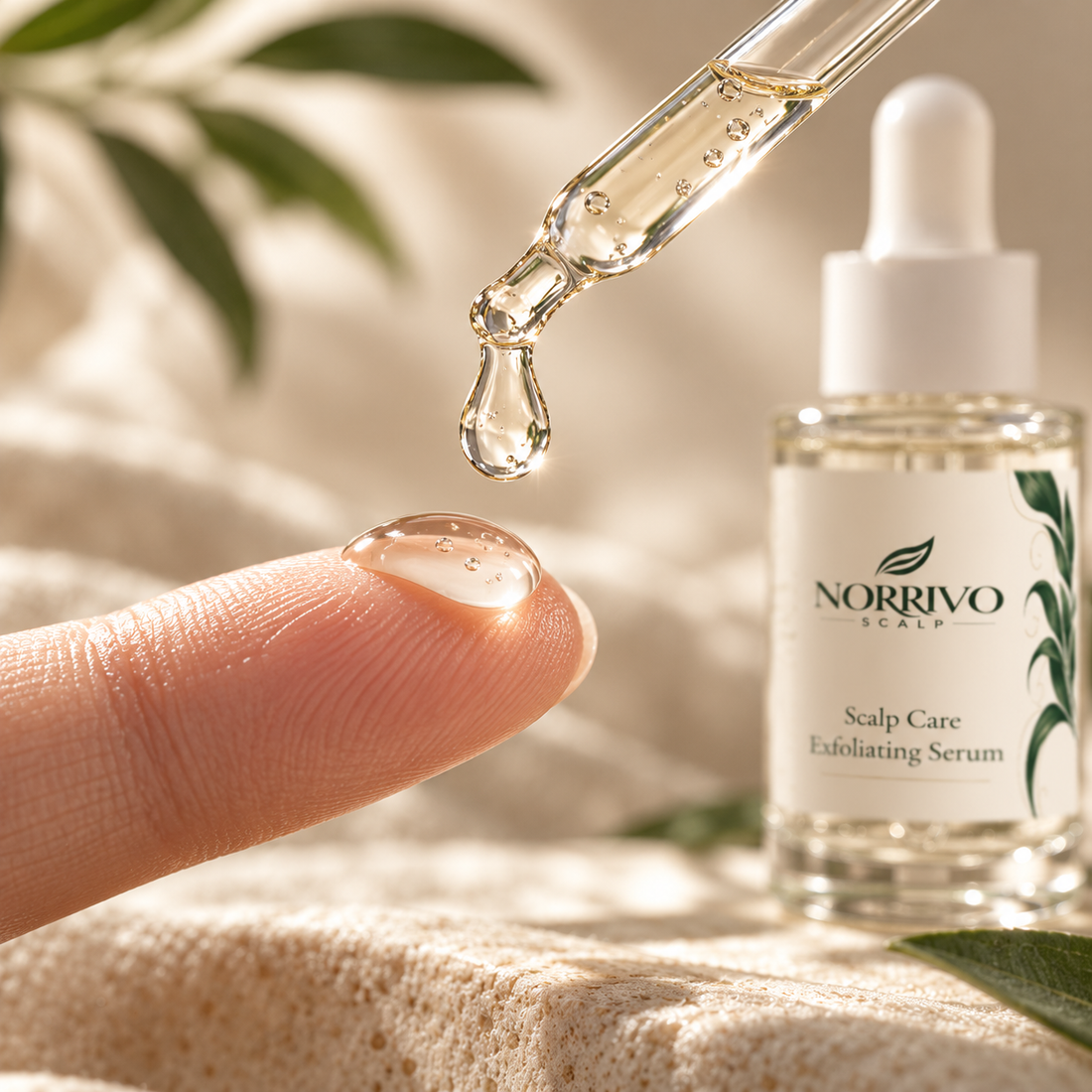 Clear drop of Norrivo scalp renewal serum on a fingertip