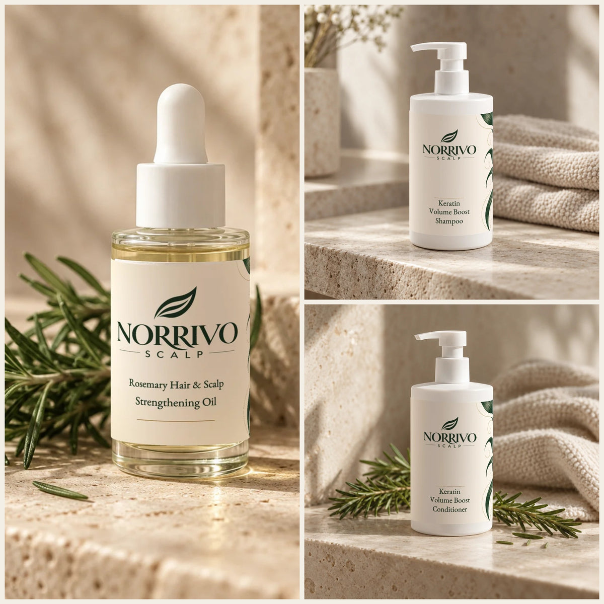 The Scalp Reset Trio: rosemary scalp oil, shampoo and conditioner on travertine