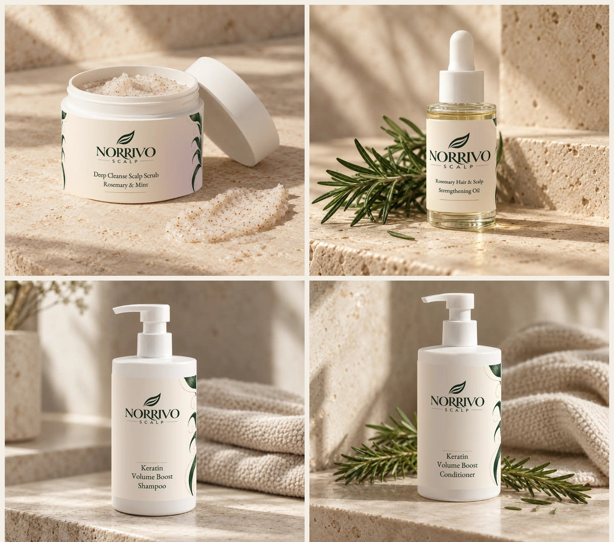The 90-Day Scalp Reset: two Norrivo rosemary scalp oils, rosemary &amp; mint scalp scrub, rosemary &amp; caffeine shampoo and conditioner